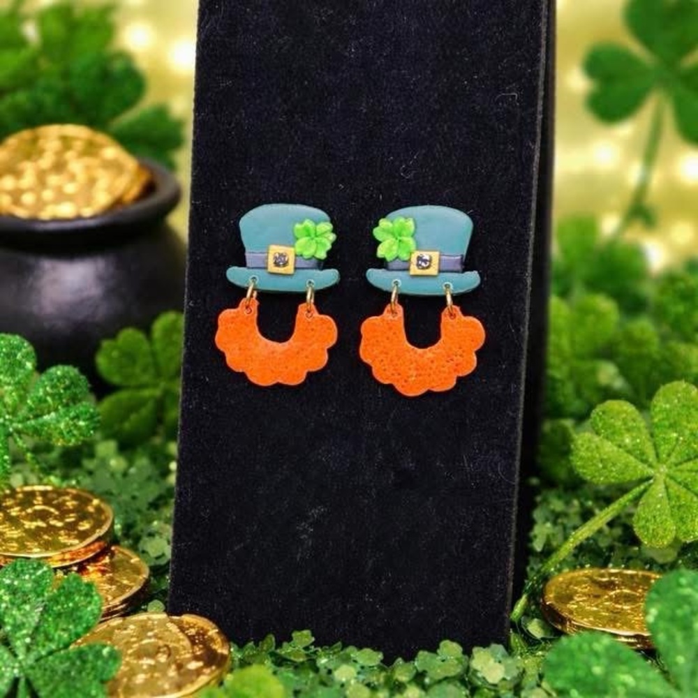 Artisan Made Lucky Charm Green and Orange Earrings Polymer Clay Hand Made